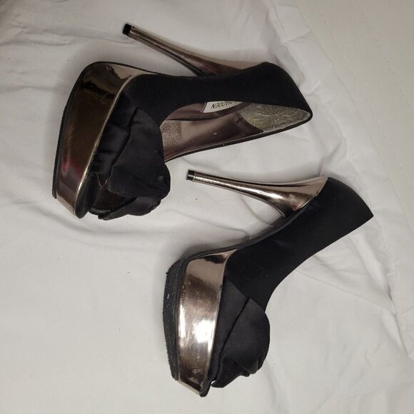 Steve Madden Bonnie Platform Pumps Peep Toe Heels‎ Satin Bow Black Party 7.5 - Picture 3 of 4